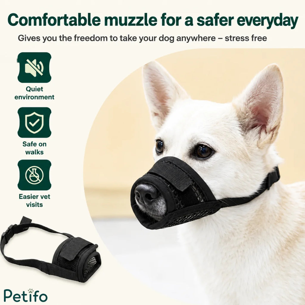 White dog wearing the black mesh muzzle with icons highlighting quiet environment, safe walks, and easier vet visits.