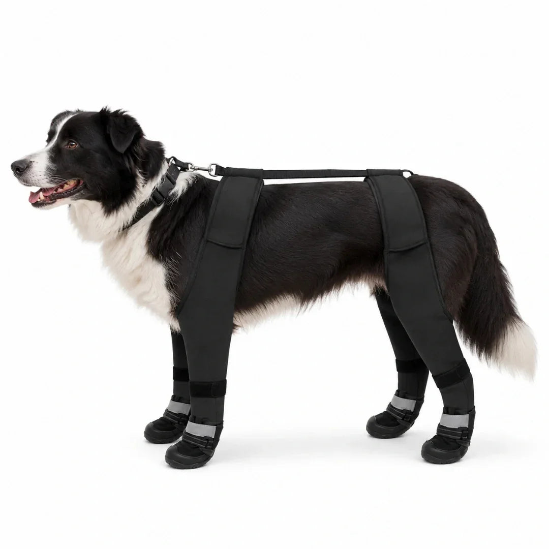 Border collie wearing black protective winter dog boots and an adjustable body harness on a clean white studio background.
