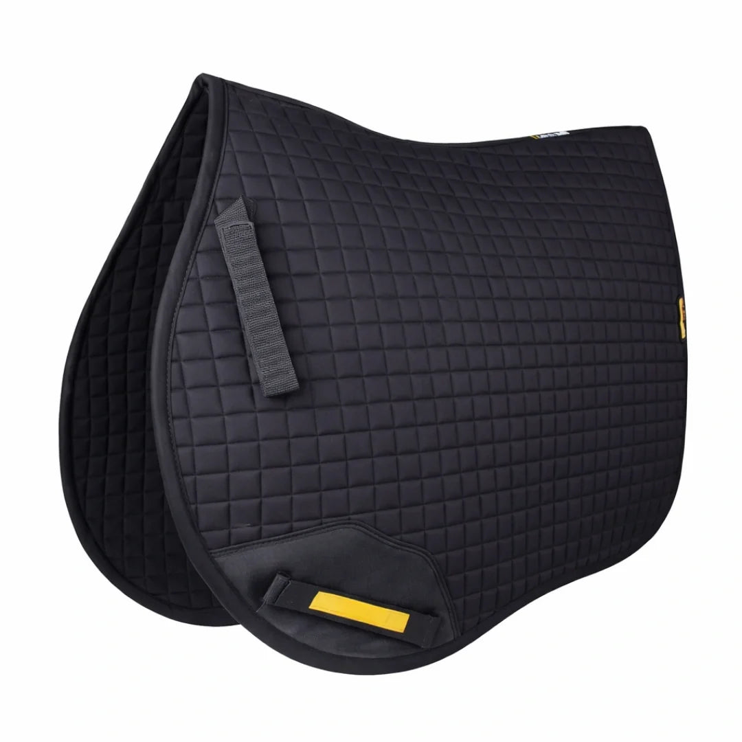 Black quilted horse saddle pad presented cleanly on a plain background.