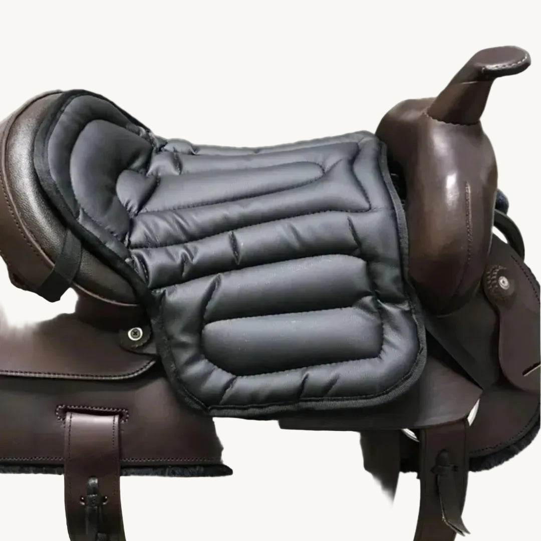 Black quilted horse saddle cushion shown from a side angle against a plain background.