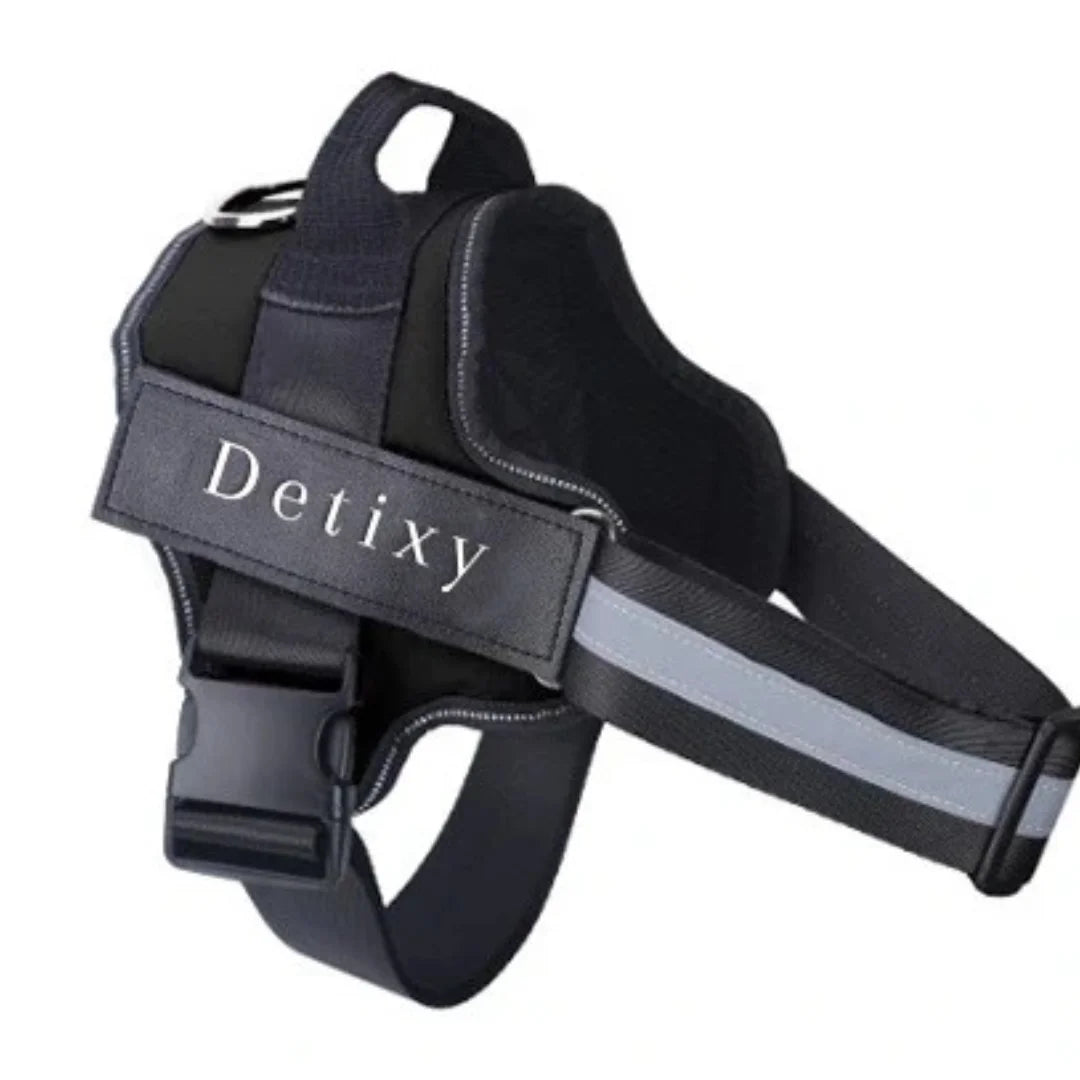 A solid black reflective dog harness featuring durable black nylon straps, a top control handle, a quick-release buckle, and a "Detixy" identification patch.