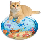 Golden cat lying beside a blue under-the-sea themed cat water play mat.