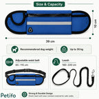 Size and capacity guide showing a blue running belt with dimensions, weight limits, and leash specifications.