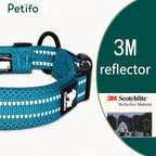 A product shot of a blue dog collar featuring 3M Scotchlite reflective material for enhanced visibility.