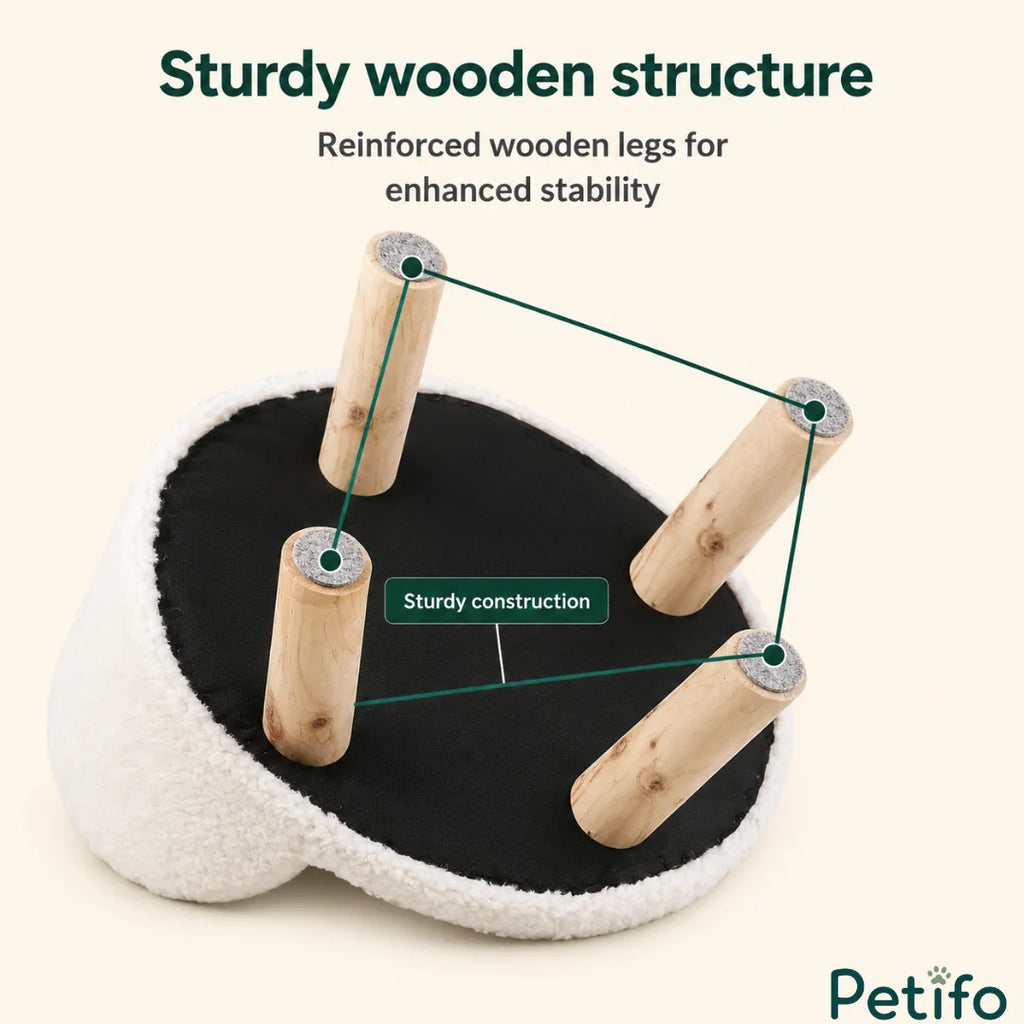 Bottom view of a round pet bed featuring a sturdy wooden structure with reinforced legs for enhanced stability and durability.