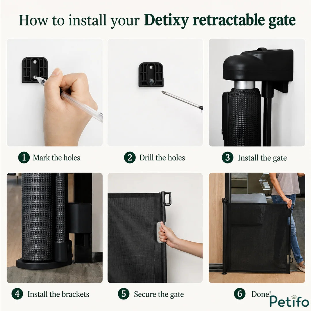 Step-by-step installation guide illustrating how to mount the retractable safety gate with brackets and screws.