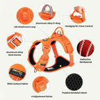 Technical breakdown diagram showing adjustment points and key features of the Truelove dog harness.