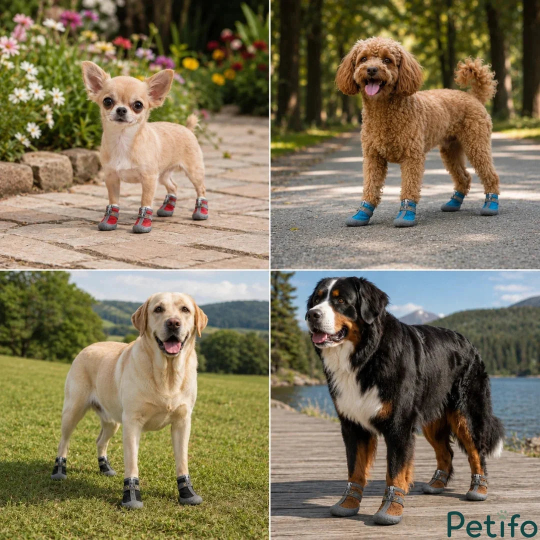Four-panel collage showcasing different dog breeds—a Chihuahua, a poodle, a Labrador, and a Bernese Mountain Dog—wearing Petifo breathable mesh boots outdoors.