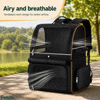 Black double-tier pet backpack highlighting the breathable mesh panels designed for optimal airflow and ventilation.