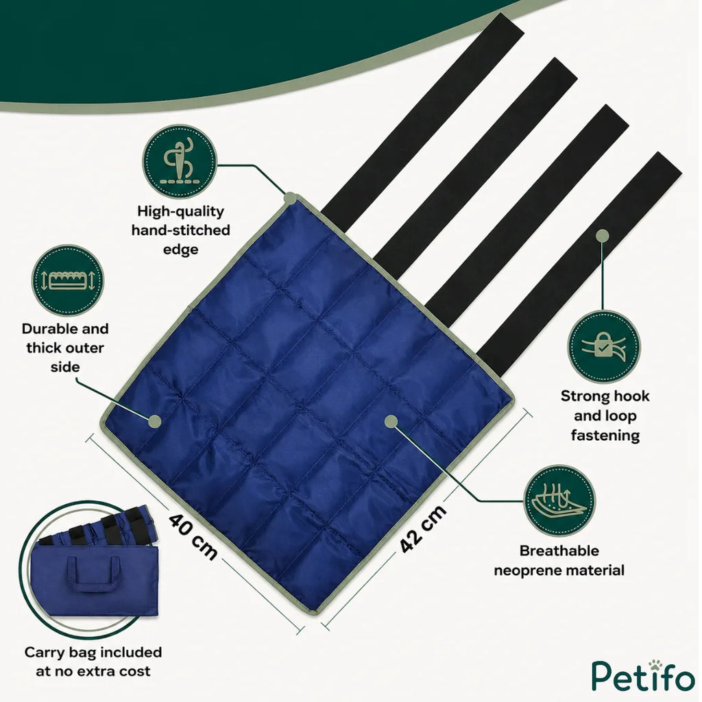 Product features diagram detailing dimensions and breathable neoprene material of the horse cold therapy wrap.