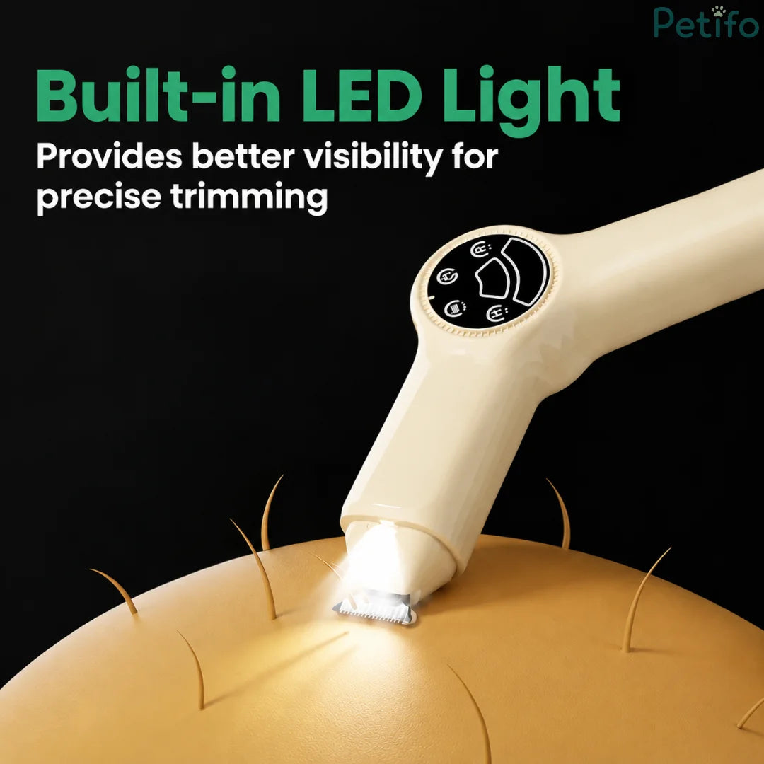 Built-in LED light on the pet trimmer head providing enhanced visibility for precise hair cutting.