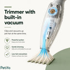 Illustrated diagram showing how the built-in vacuum feature simultaneously clips and vacuums up pet hair to keep surfaces clean.