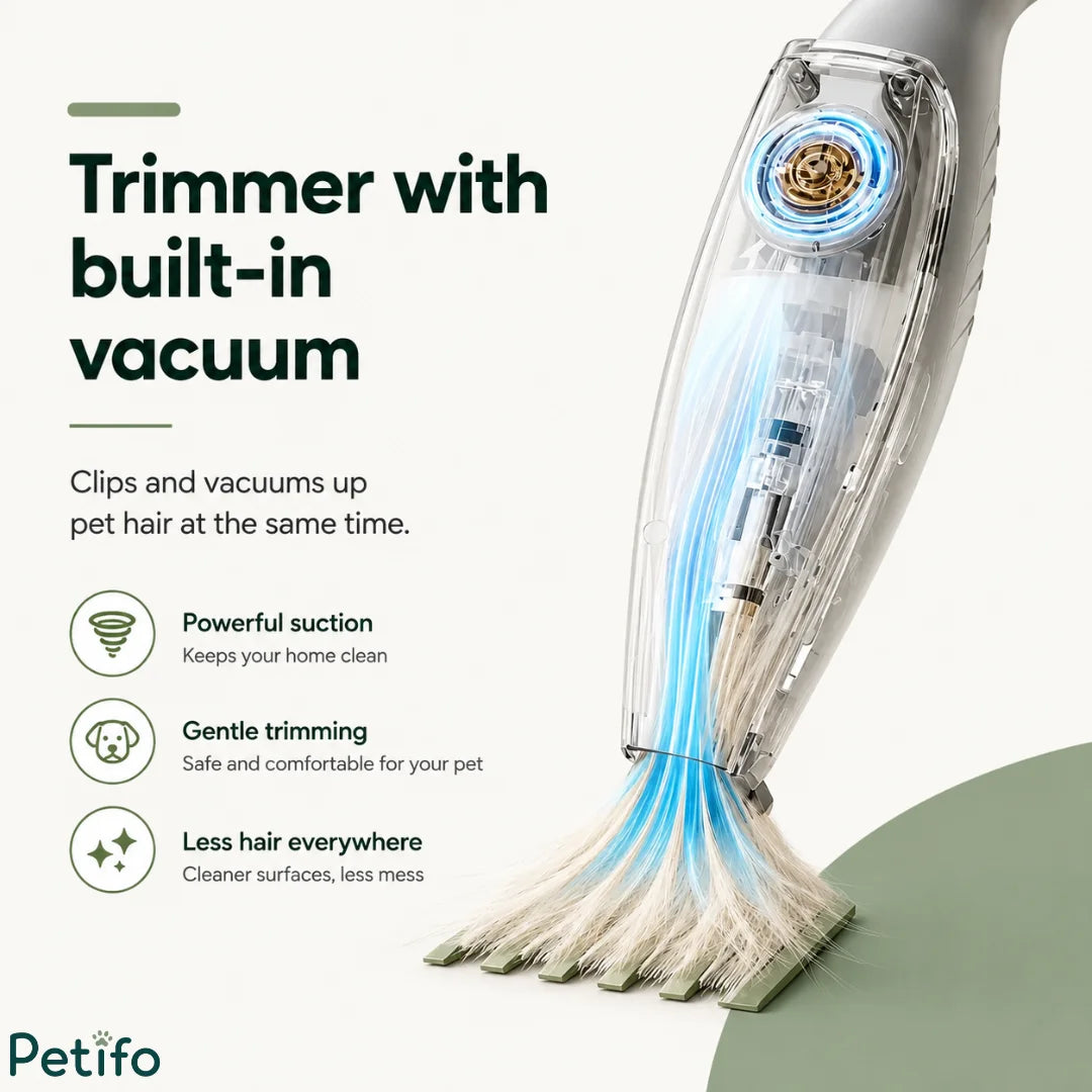 Illustrated diagram showing how the built-in vacuum feature simultaneously clips and vacuums up pet hair to keep surfaces clean.
