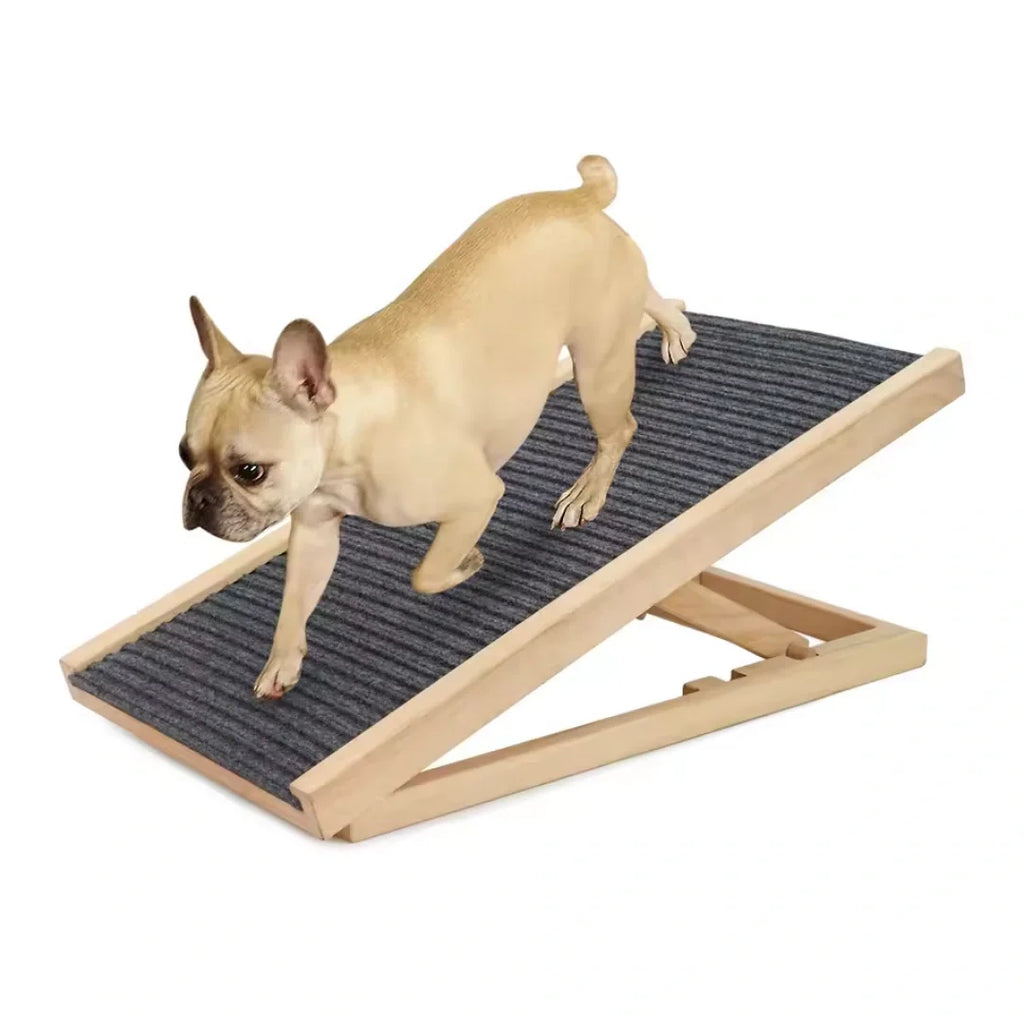 A French bulldog walking down an adjustable wooden pet ramp equipped with a dark gray, ribbed non-slip tread.