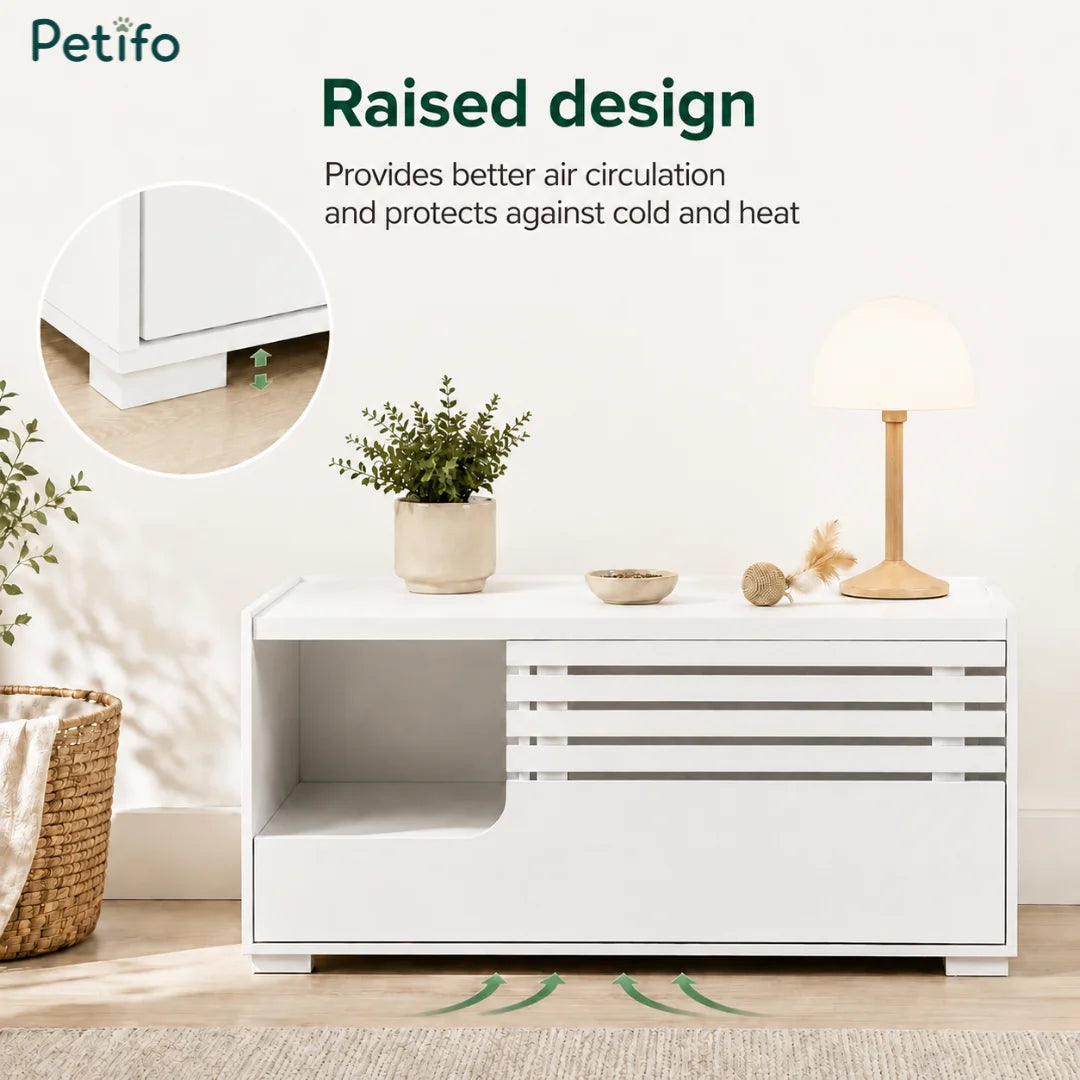 An infographic showcasing the raised design of the Petifo cat litter cabinet, which promotes better air circulation underneath and protects the interior from extreme cold or heat.