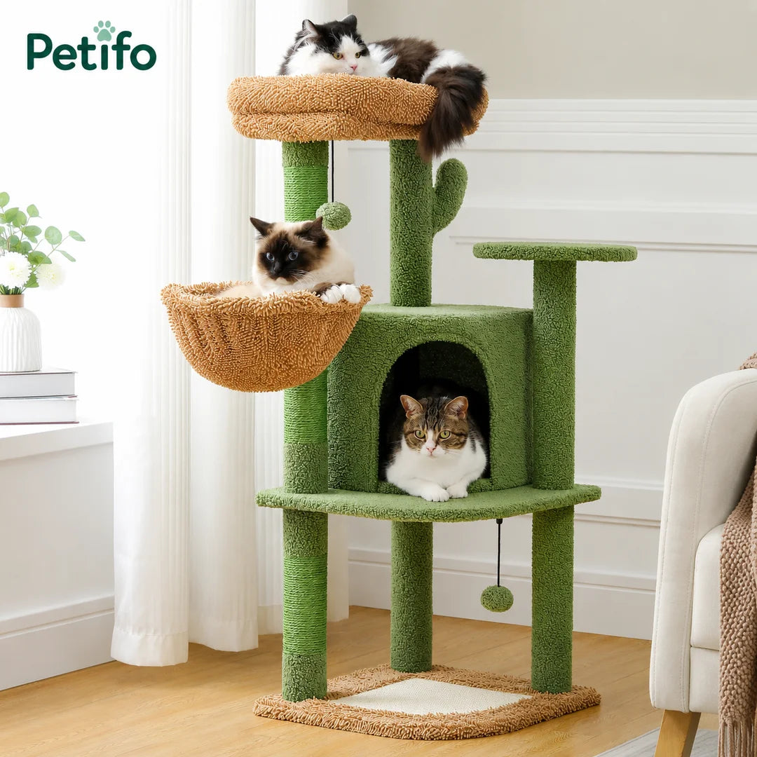 Three cats resting on a multi-level green Petifo cactus tower.