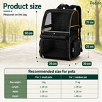 Product dimension infographic detailing the height, width, and weight capacity guidelines for the multi-compartment pet backpack.
