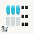 Product bundle shot of a 6-pack replacement filter kit with 12 black pre-filter sponges next to a stainless steel cat water fountain.
