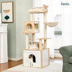 A Petifo multi-level cat tree featuring a wooden condo base, plush top perch, sisal scratching posts, and three cats relaxing in a modern home interior.