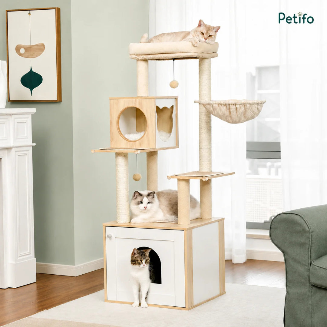 A Petifo multi-level cat tree featuring a wooden condo base, plush top perch, sisal scratching posts, and three cats relaxing in a modern home interior.