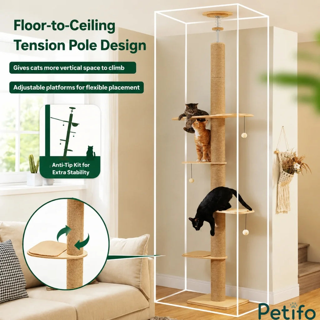 Floor-to-ceiling tension pole design for vertical cat climbing.