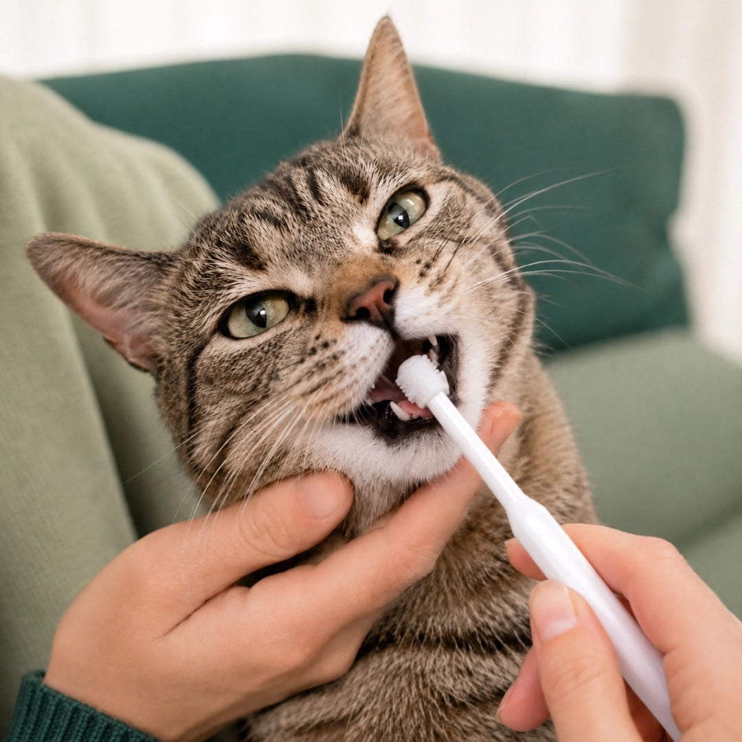 Person brushing a tabby cat's teeth using a white 360-degree pet toothbrush