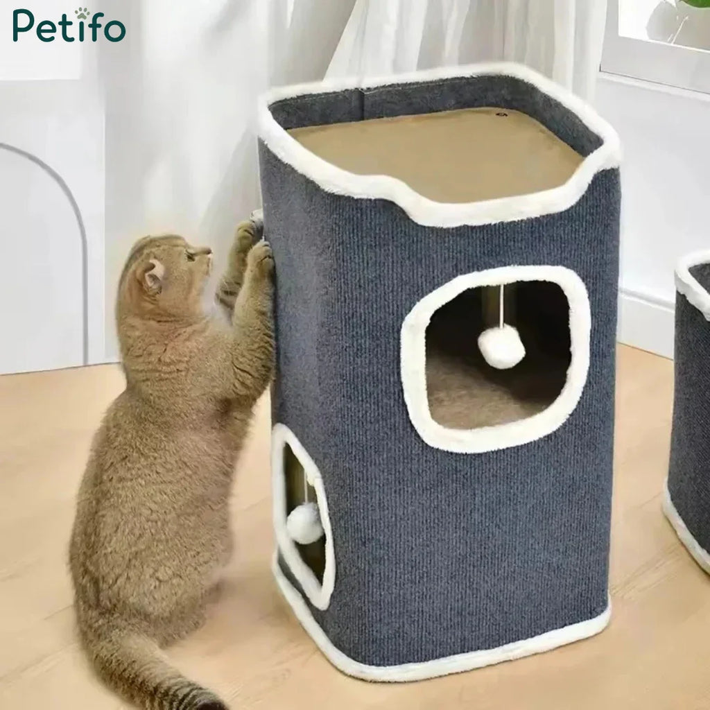 A cat stretching against the side of the Petifo cat house, showcasing its scratchable textured surface.