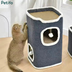 A cat stretching against the side of the Petifo cat house, showcasing its scratchable textured surface.