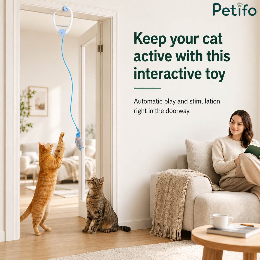 Interactive doorway cat toy keeping cats active with automatic play while a woman reads nearby.
