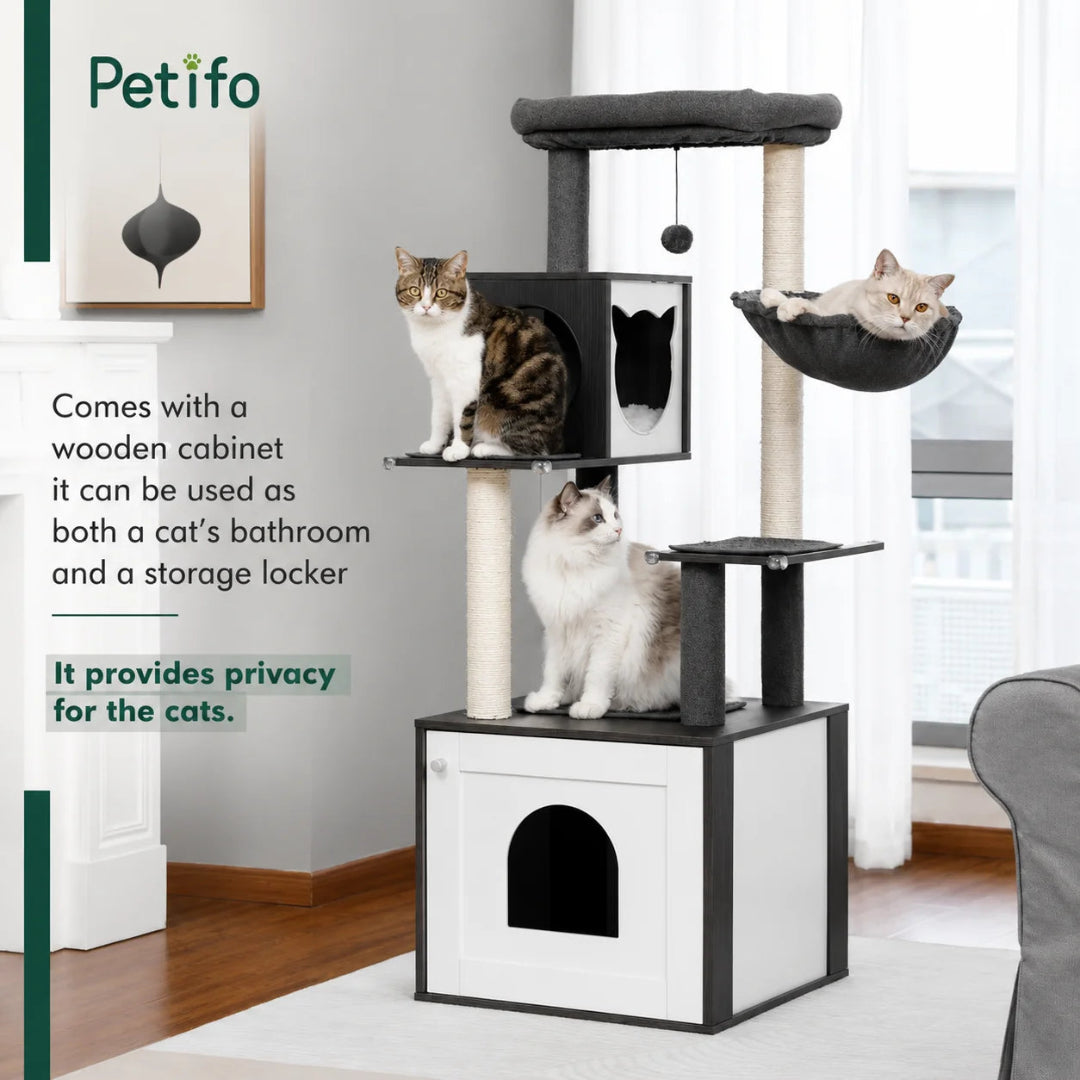 A Petifo cat tree in a living room setting, highlighting the base wooden cabinet that serves as both a storage locker and a private bathroom for cats.