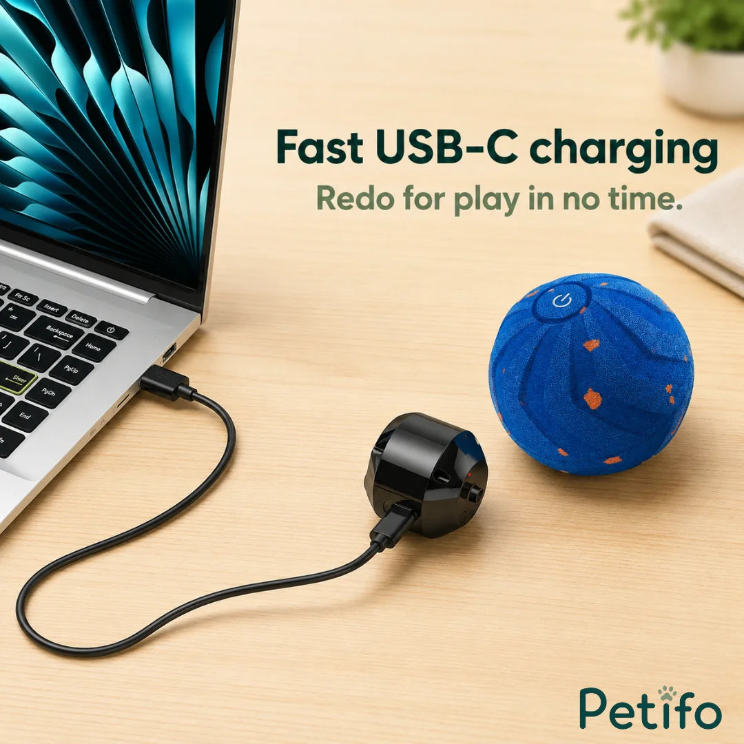Fast USB-C charging setup showing the removable electronic core plugged into a laptop cable next to the blue ball housing.
