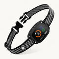 Product studio shot of the black ChewUp smart anti-bark collar with an adjustable mesh strap and digital display screen.