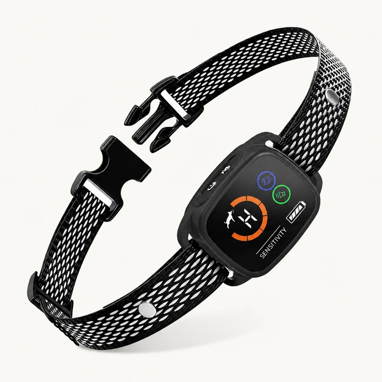 Product studio shot of the black ChewUp smart anti-bark collar with an adjustable mesh strap and digital display screen.