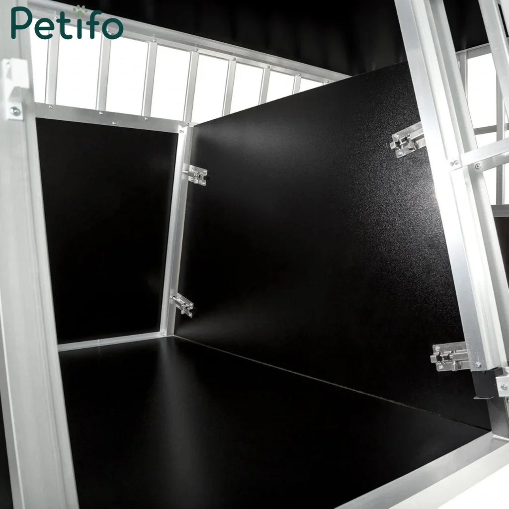 Close-up interior view of the Petifo double dog crate showing the central divider panel.