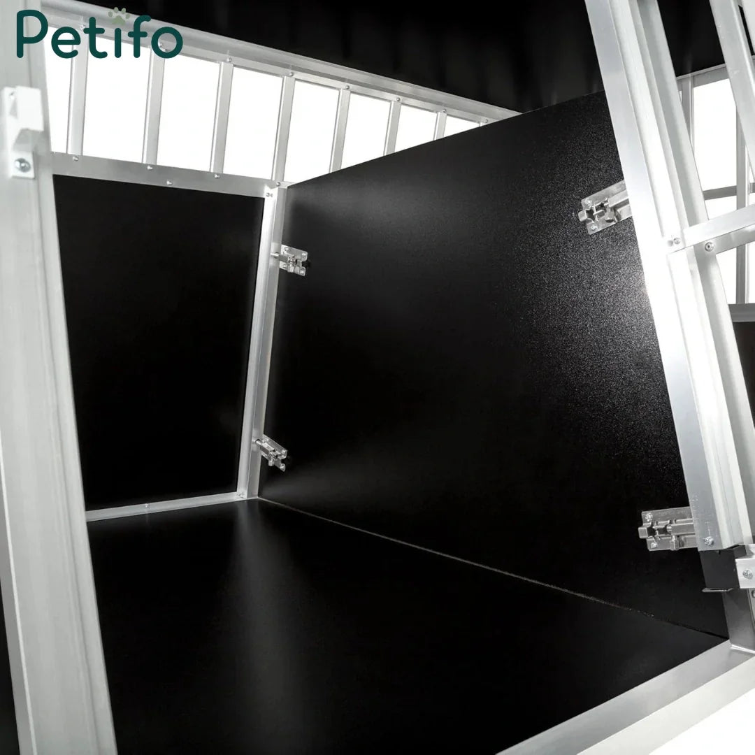 Close-up interior view of the Petifo double dog crate showing the central divider panel.