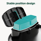 Close-up of a teal and black replacement filter housing showcasing a stable position design for automatic pet water fountains.