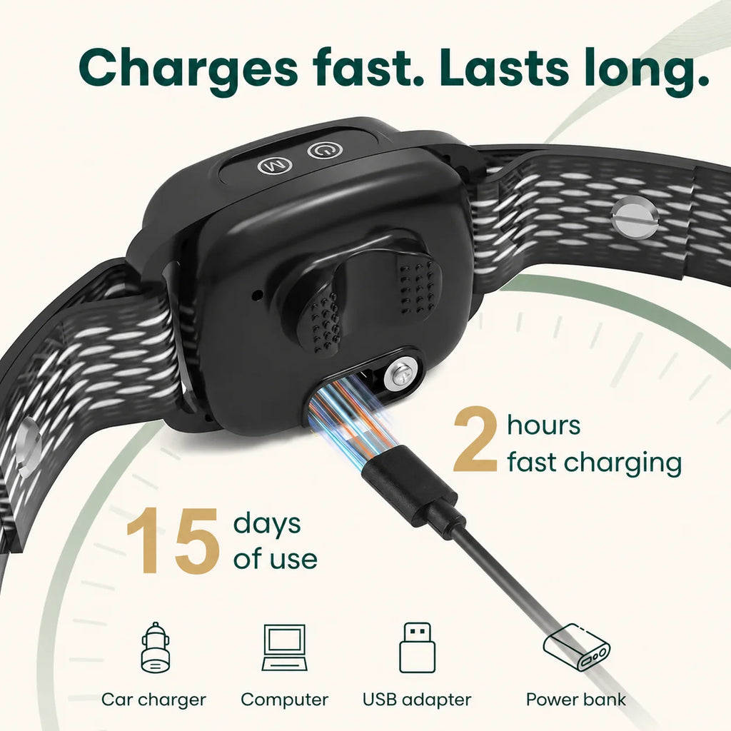Close-up of the ChewUp anti-bark collar charging via USB-C with icons for a car charger, laptop, and power bank.