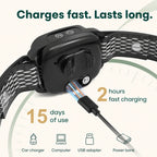 Close-up of the ChewUp anti-bark collar charging via USB-C with icons for a car charger, laptop, and power bank.