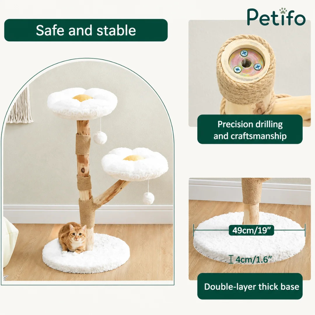 Close-up showing the stable double-layer base and precision-drilled construction of the flower cat tower.