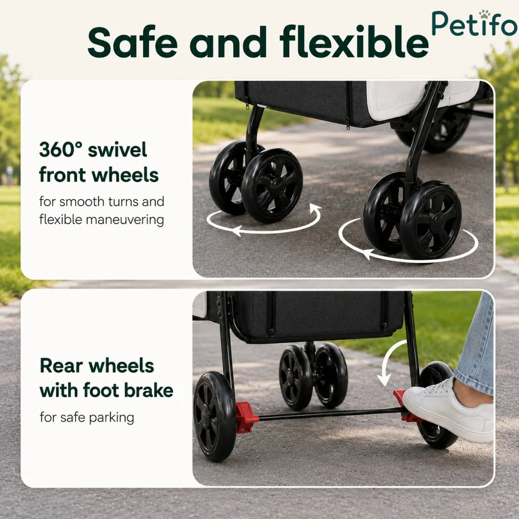 Close-up of Petifo pet stroller's 360-degree swivel front wheels and rear foot brake.