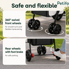 Close-up of Petifo pet stroller's 360-degree swivel front wheels and rear foot brake.