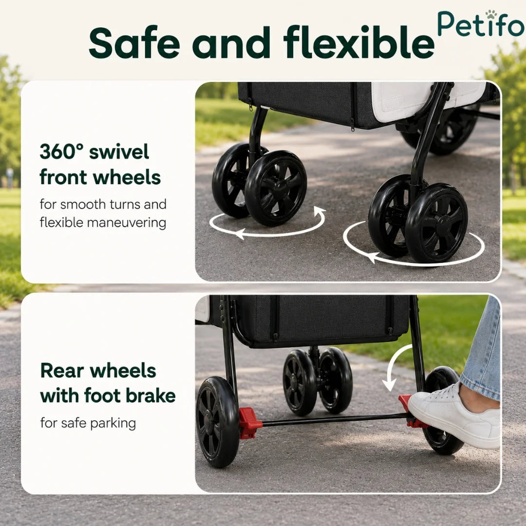Close-up of Petifo pet stroller's 360-degree swivel front wheels and rear foot brake.