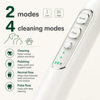 Close-up of a white electric pet toothbrush highlighting its 2 intensity strengths and 4 dental cleaning modes.