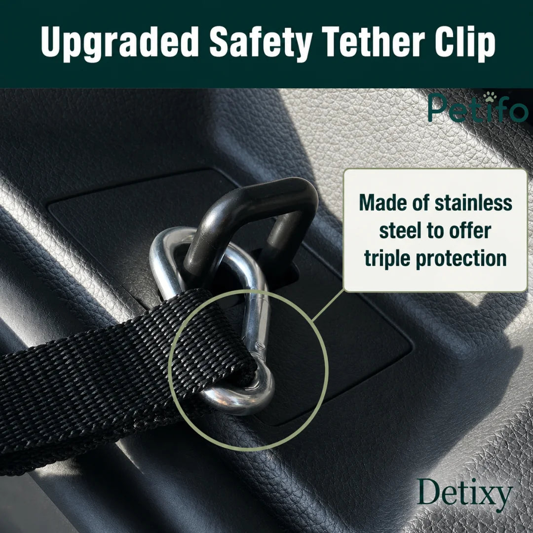 Close-up view of the Detixy upgraded stainless steel safety tether clip designed for secure attachment to a vehicle.
