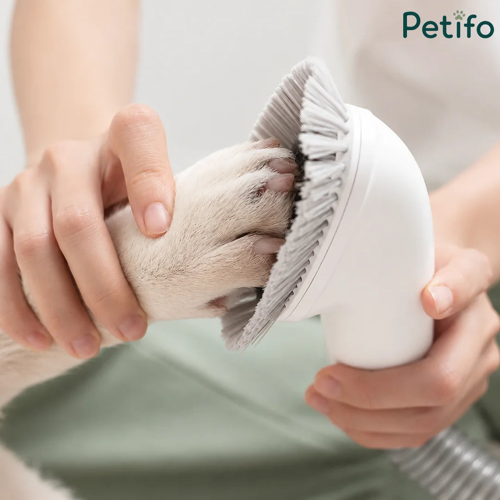 Close-up of a person using a Petifo grooming tool attachment to gently brush and remove hair from a dog's paw.