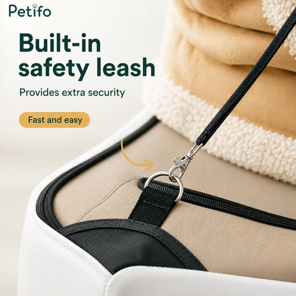 Close-up infographic highlighting the Petifo pet stroller's built-in safety leash with a secure metal D-ring attachment.