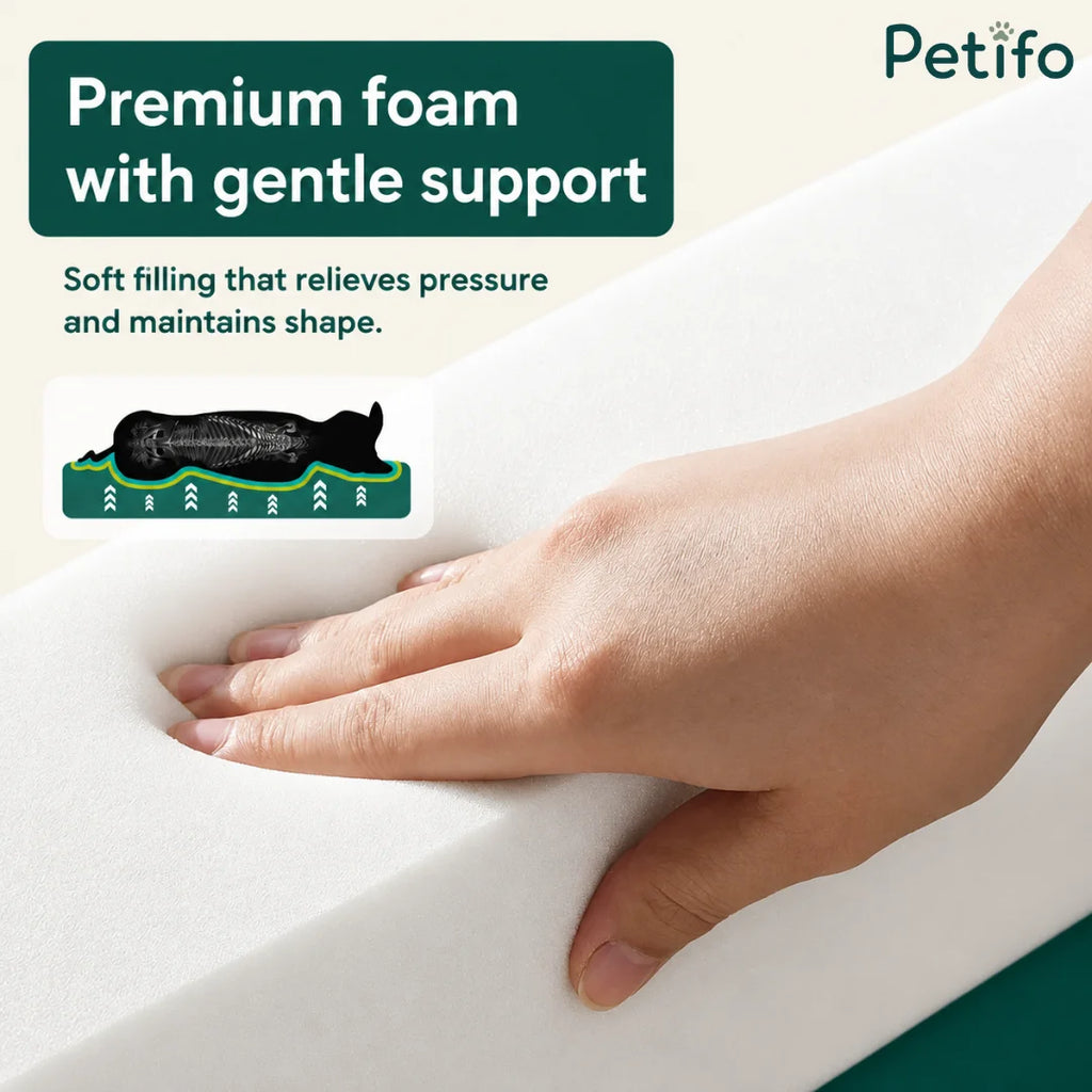Close-up of a hand pressing into high-density premium foam, illustrating the gentle support and pressure relief provided for pet joints.