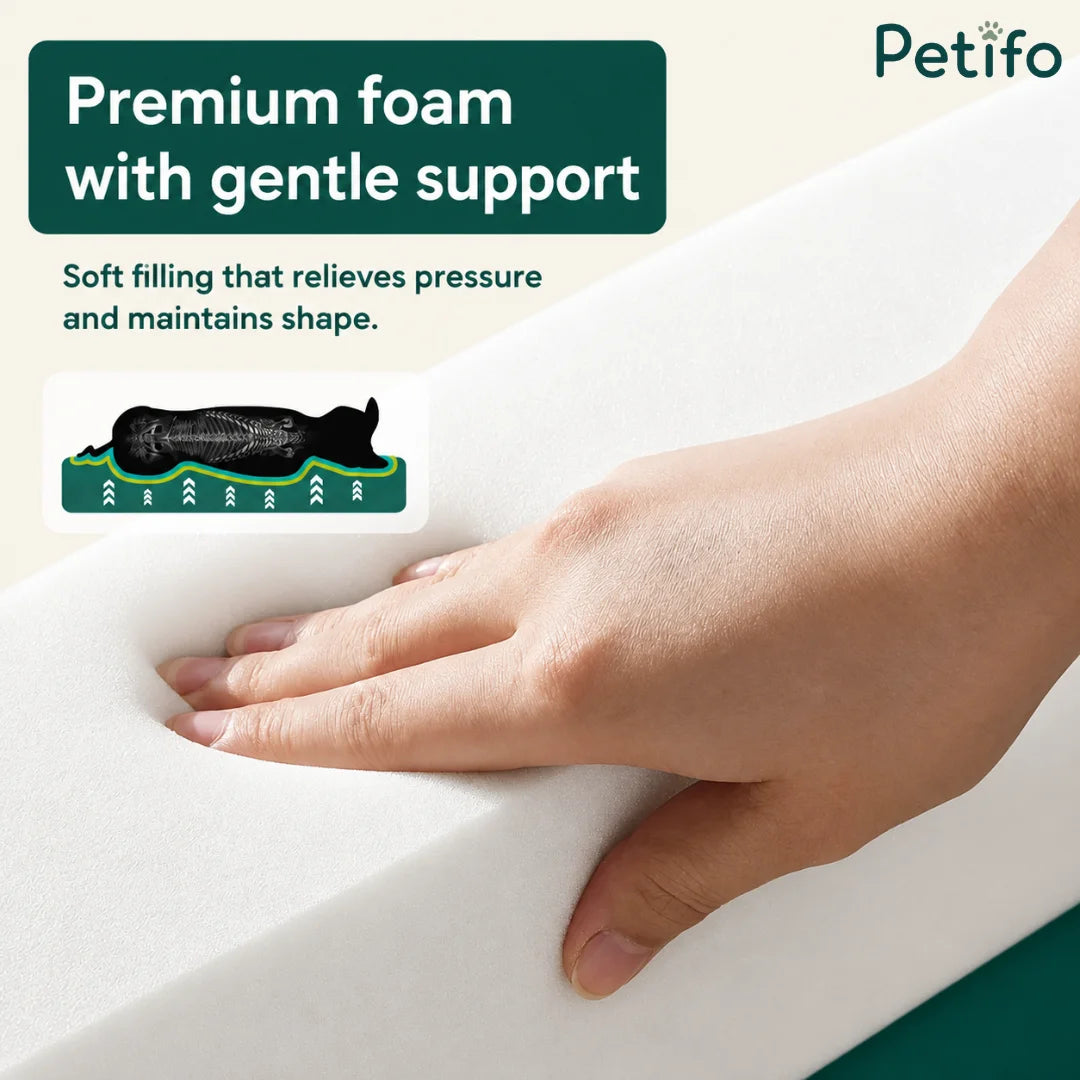 Close-up of a hand pressing into high-density premium foam, illustrating the gentle support and pressure relief provided for pet joints.