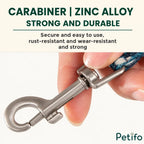 Close-up of the durable zinc alloy carabiner clip on a floral pet leash.