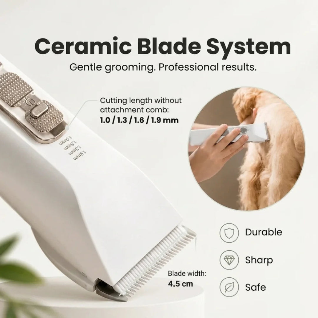 Close-up of the adjustable ceramic blade system on the clipper.